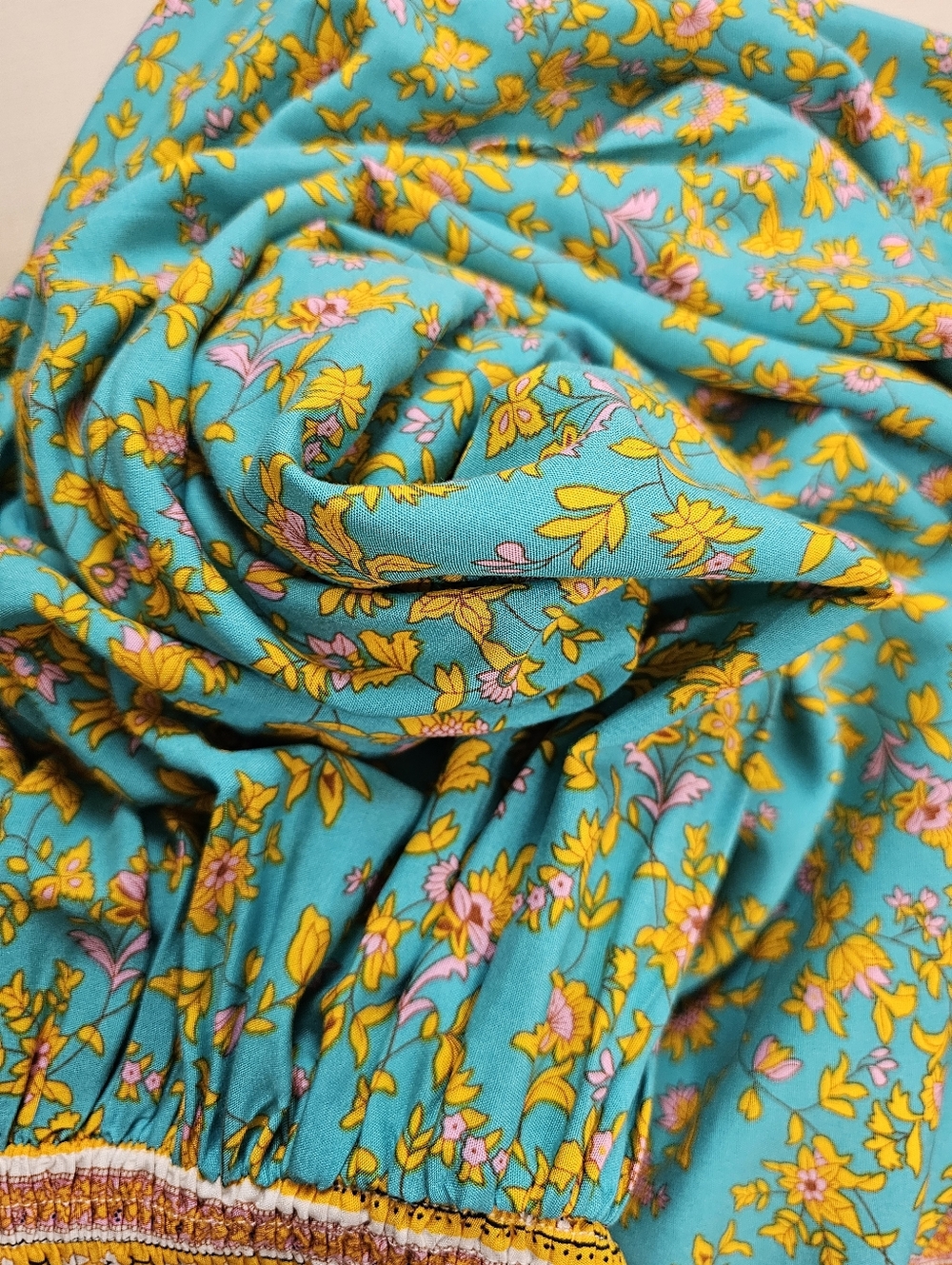 NEW Boho Floral Print Smocked Tube Top Dress Teal Blue Green Yellow Tan - Picture 9 of 11